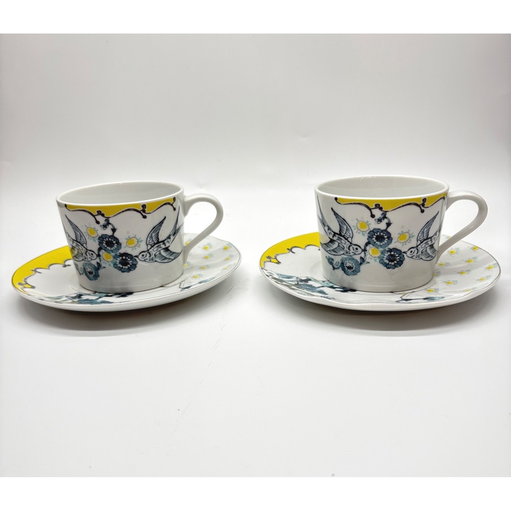 Anthropologie Spal Porcelanas Bird Flower Cup Saucer Set of 2 Portugal